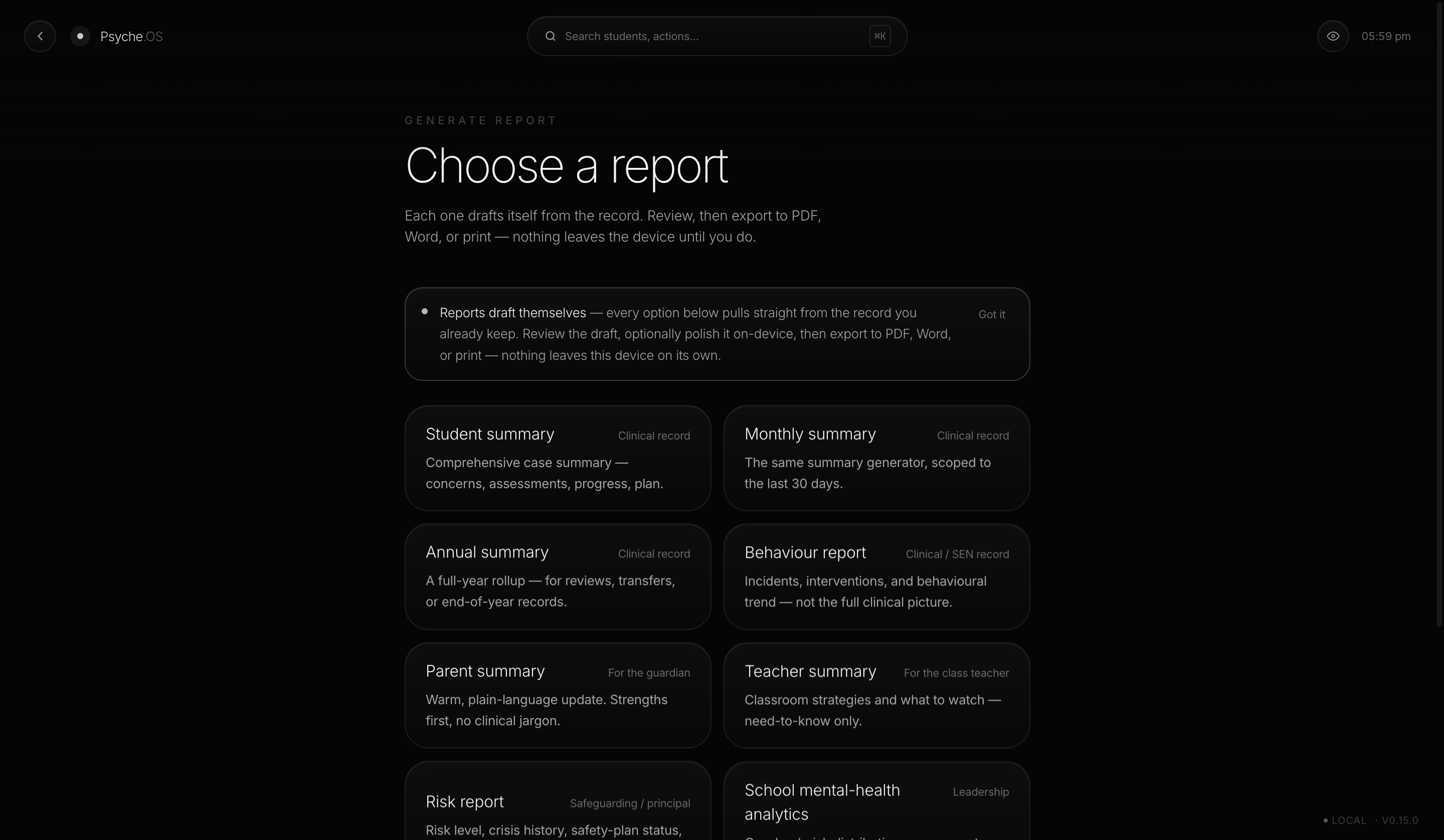 Psyche.OS report generator, showing nine report types including student summary, parent summary, teacher summary, and risk report, each drafted from the real record.