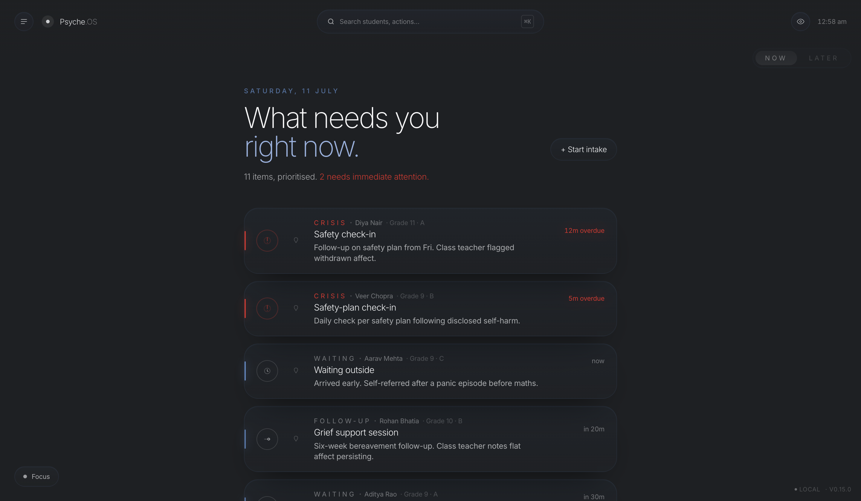 Psyche.OS in the Slate theme, a dark matte counselling console, one of five built-in themes.